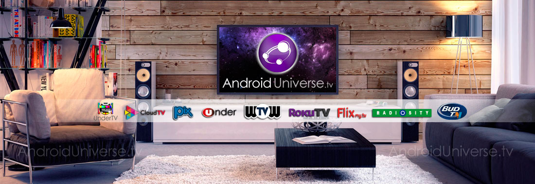 Home Theater with streaming channels and Roku Universe logo on the TV